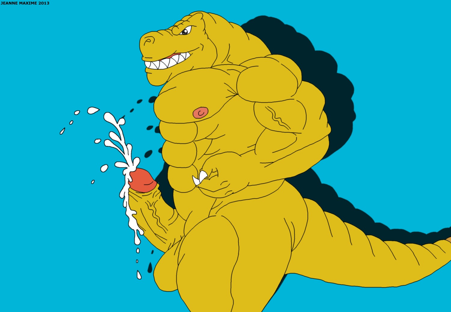 2013 abs anthro athletic balls biceps big_muscles big_penis biped blue_background bodily_fluids brown_body brown_skin claws cum cum_on_penis cum_string cumshot dinosaur dripping e621 ejaculation erection extreme_dinosaurs fangs genital_fluids genitals grey_eyes grin hands-free hi_res humanoid_genitalia humanoid_penis leaking male masturbation maxime-jeanne muscular muscular_anthro muscular_male nipples non-mammal_nipples nude orgasm pecs penis pose prehistoric_species presenting reptile saurischian scales scalie simple_background smile solo standing t-bone_(extreme_dinosaurs) tail teeth theropod thick_penis tyrannosaurid tyrannosauroid tyrannosaurus tyrannosaurus_rex vein