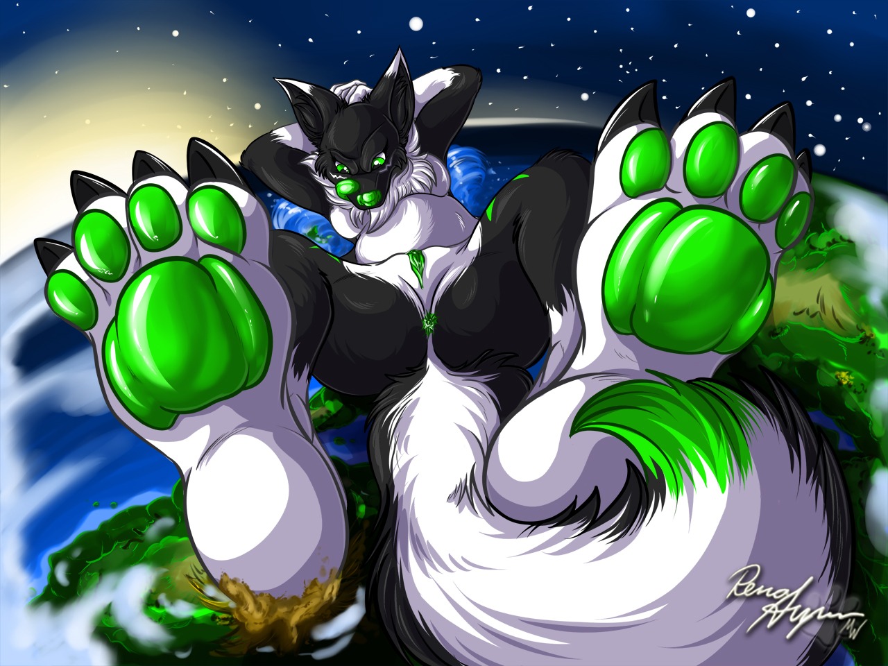 4:3 4_toes acidrenamon alternate_color anthro anus bandai_namco biped black_body black_fur canid canine claws colored crush digimon digimon_(species) e621 earth fan_character feet female female_anthro foot_focus fur genitals green_anus green_eyes green_paws green_tongue green_vulva hindpaw hybrid laying_on_planet licking lying macro macro_anthro macro_female mammal nipples nude on_back pawpads paws planet plantigrade rena_ayama renamon soles solo tail terra_macro toes tongue tongue_out vulva white_body white_fur