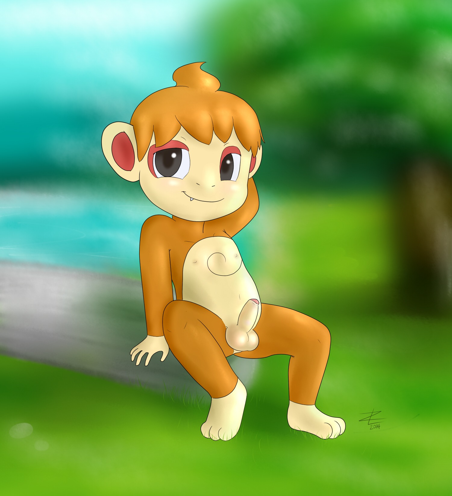 2014 balls blush chimchar digital_media_(artwork) e621 erection feral foreskin fur generation_4_pokemon genitals hair hi_res looking_at_viewer male mammal nintendo nipples nude partially_retracted_foreskin penis pokemon pokemon_(species) smile solo young young_feral young_male zeklullaby