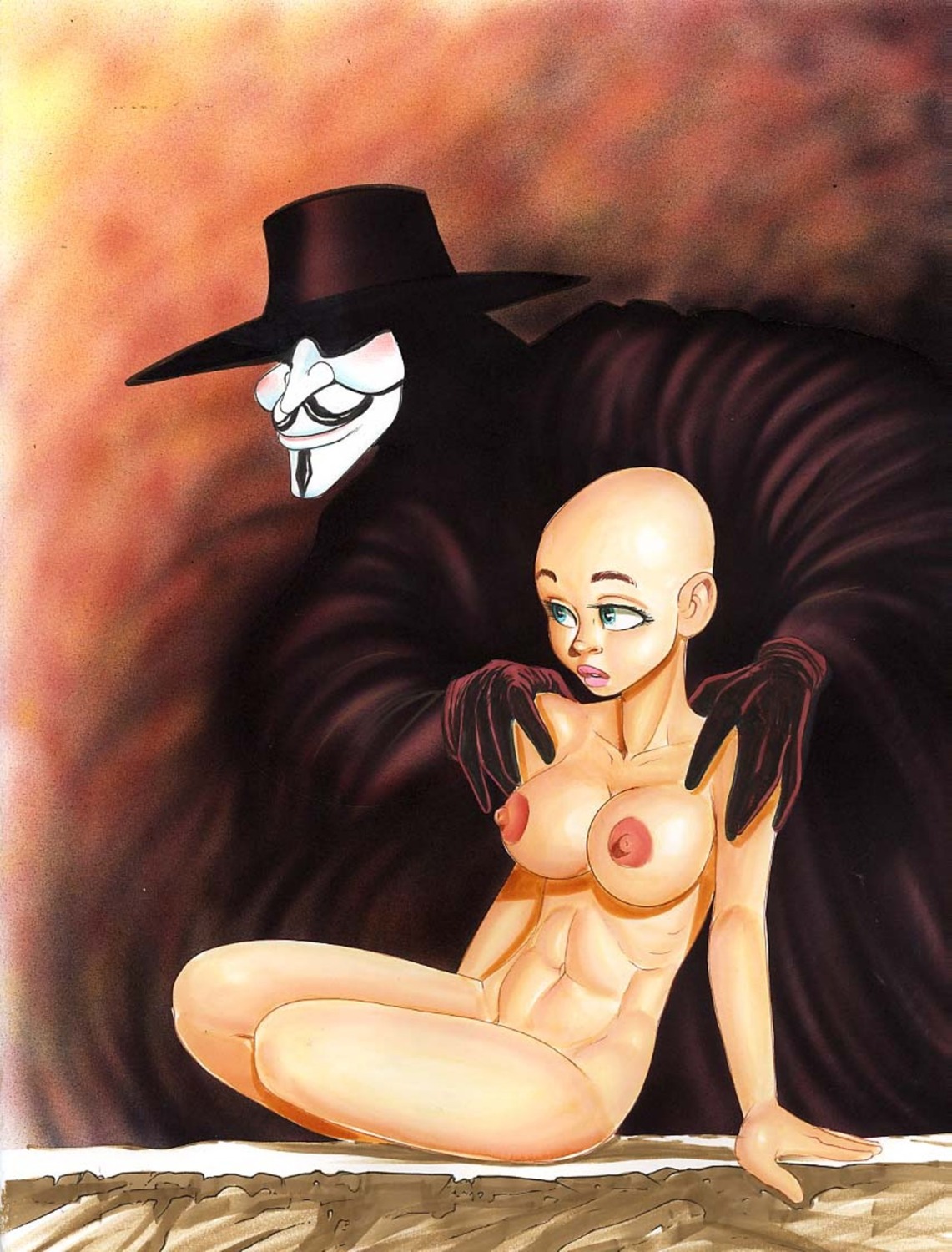 abs athletic athletic_female bald barry_blair blue_eyes breasts cape clothed clothed_male clothing evey_hammond eyelashes female hands_on_shoulders hat headwear lipstick male mask medium_breasts nipples nude nude_female pink_lipstick rule34 sitting tagme top_hat v_(character) v_for_vendetta