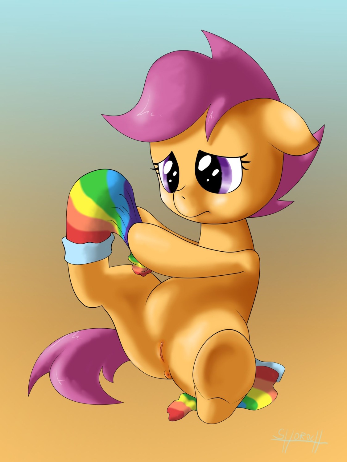 2013 3:4 anus clothing e621 equid equine female feral footwear friendship_is_magic fur genitals hair hasbro hi_res horse legwear mammal my_little_pony orange_body orange_fur pony purple_eyes purple_hair scootaloo_(mlp) shoroch simple_background sitting socks solo spread_legs spreading vulva young young_feral