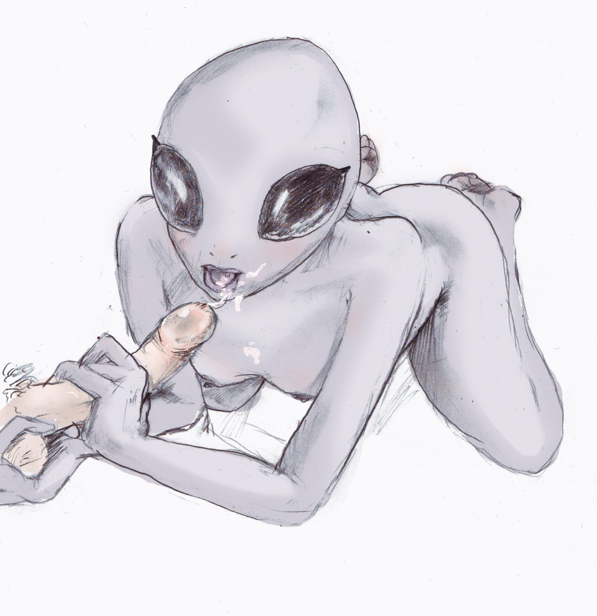alien big_eyes black_eyes cum cum_in_mouth cum_on_chest grey grey_alien grey_body grey_skin male penis pubes rule34