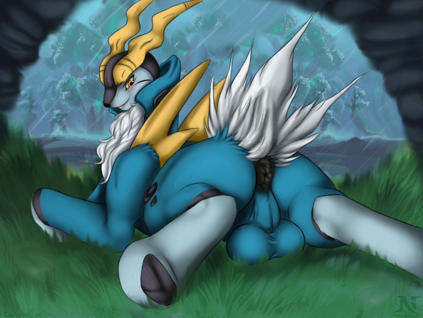 anus backsack balls blush butt cave cobalion detailed_background e621 feral generation_5_pokemon genitals juba legendary_pokemon male namarx7 nintendo pokemon pokemon_(species) puffy_anus raining solo