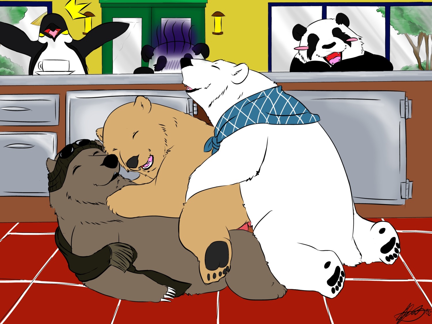 4:3 accessory anal anal_penetration avian bear bird blush brown_bear cafe clothing double_penetration e621 erection eyes_closed feral genitals giant_panda grizzly_(shirokuma_cafe) grizzly_bear group group_sex happy happy_sex headband hi_res intraspecies jack_the_otter male male/male male_penetrated male_penetrating male_penetrating_male mammal mostly_nude nude open_mouth overweight penetration penguin penis polar_bear public public_sex sex shirokuma shirokuma_cafe surprised threesome trio ursine xavier_(invisiblebear)