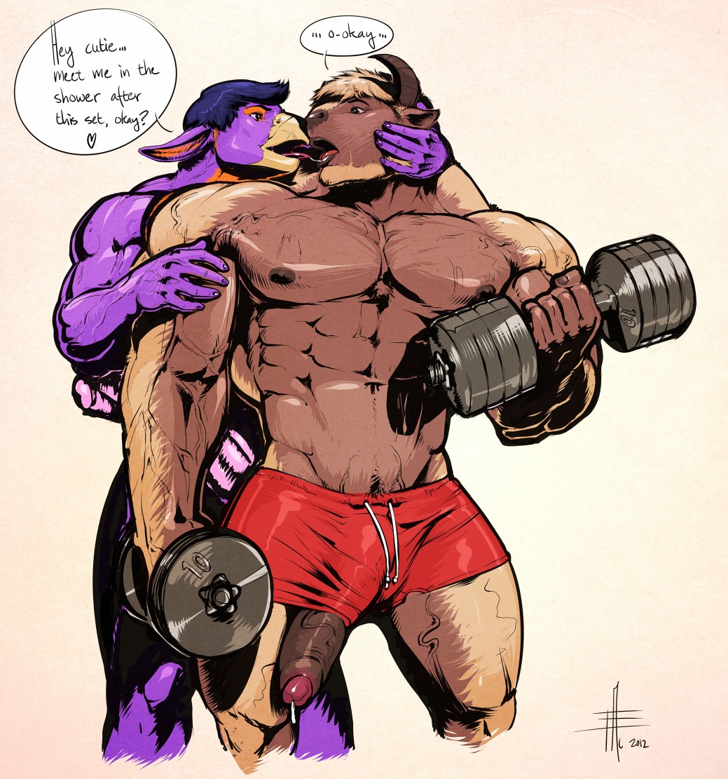 2012 abs anthro arm_grab avian balls beak biceps big_penis bison blue_hair bodily_fluids bottomwear bovid bovine brown_body brown_eyes brown_fur bulge caressing cattle chest_tuft clothed clothing dialogue dumbbell duo e621 english_text erection european_mythology exercise face_grab falcon_mccooper_(character) feathers foreskin fur furry_(character) genital_fluids genitals greek_mythology hair hippogriff holding_object horn huge_penis humanoid_genitalia humanoid_penis interspecies kissing long_penis male male/male mammal muscular mythological_avian mythological_creature mythology nipples nude open_mouth partially_retracted_foreskin pecs penis penis_poking_out penis_through_leghole pink_penis pose precum purple_body purplebirdman sexercise sexual_assault short_hair shorts simple_background standing text thick_penis tongue topless tuft vein weightlifting weights workout