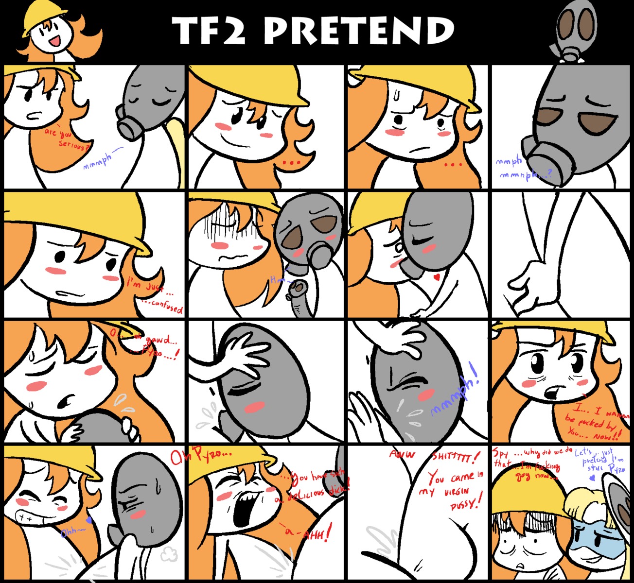 1futa 2girls asking_for_it blonde_hair blush breasts clitoral_stimulation clitoris comic confused confusion construction_helmet cum cum_in_mouth cum_in_pussy cum_inside cunnilingus defloration deflowering disguise engineer_(team_fortress_2) female female_ejaculation femengineer femspy fingering futanari hard_hat heart intersex jopereira kiss kissing life_crisis mask masturbating_other masturbation moaning moaning_in_pleasure nervous no_breasts orange_hair orgasm penis pussy pyro_(team_fortress_2) regret roleplay rule34 rule_63 screaming smile spy_(team_fortress_2) sweat team_fortress_2 text vaginal_penetration virgin virginity_loss weird_penis
