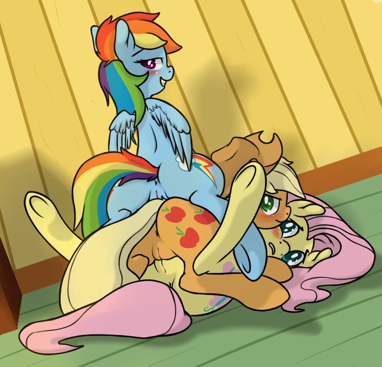 2014 anus applejack_(mlp) blonde_hair blue_body blue_feathers blue_fur blush butt clothing cowboy_hat e621 earth_pony equid equine feathered_wings feathers female female/female female_on_bottom female_on_top feral feral_on_feral fluttershy_(mlp) friendship_is_magic fur genitals green_eyes group group_sex hair hasbro hat headgear headwear hi_res horse inside legs_up long_hair looking_at_viewer lying mammal mostazathy multicolored_hair multicolored_tail my_little_pony mythological_creature mythological_equine mythology on_back on_bottom on_front on_top orange_body orange_fur pegasus pink_hair pony purple_eyes pussy_stacking rainbow_dash_(mlp) rainbow_hair rainbow_tail sex sitting smile spread_legs spreading tail threesome tribadism trio vaginal vulva wings yellow_body yellow_fur