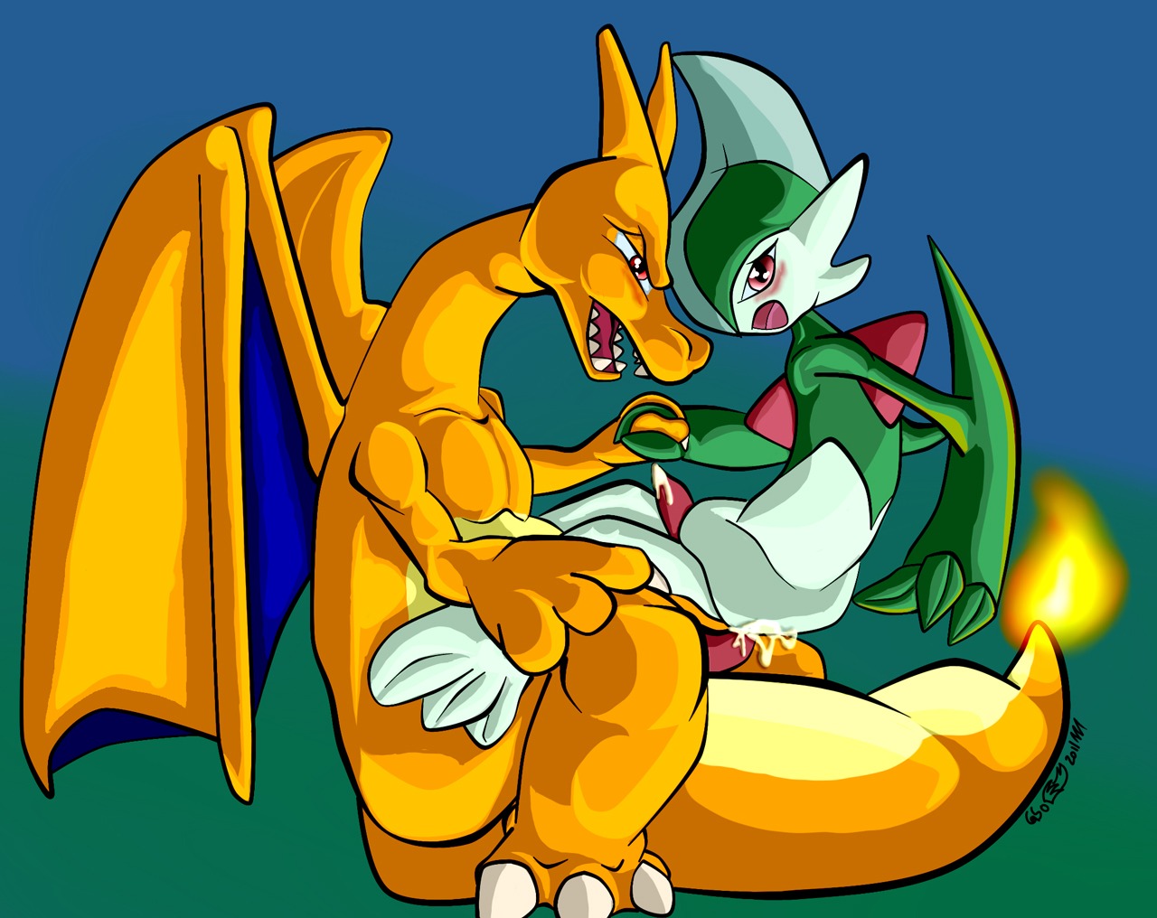 blush charizard color cum fire gallade insertion interspecies male male_only multiple_males nintendo nude penis pokemon pokemon_(species) rule34 sex side_view sitting tagme tail tail_fire yaoi