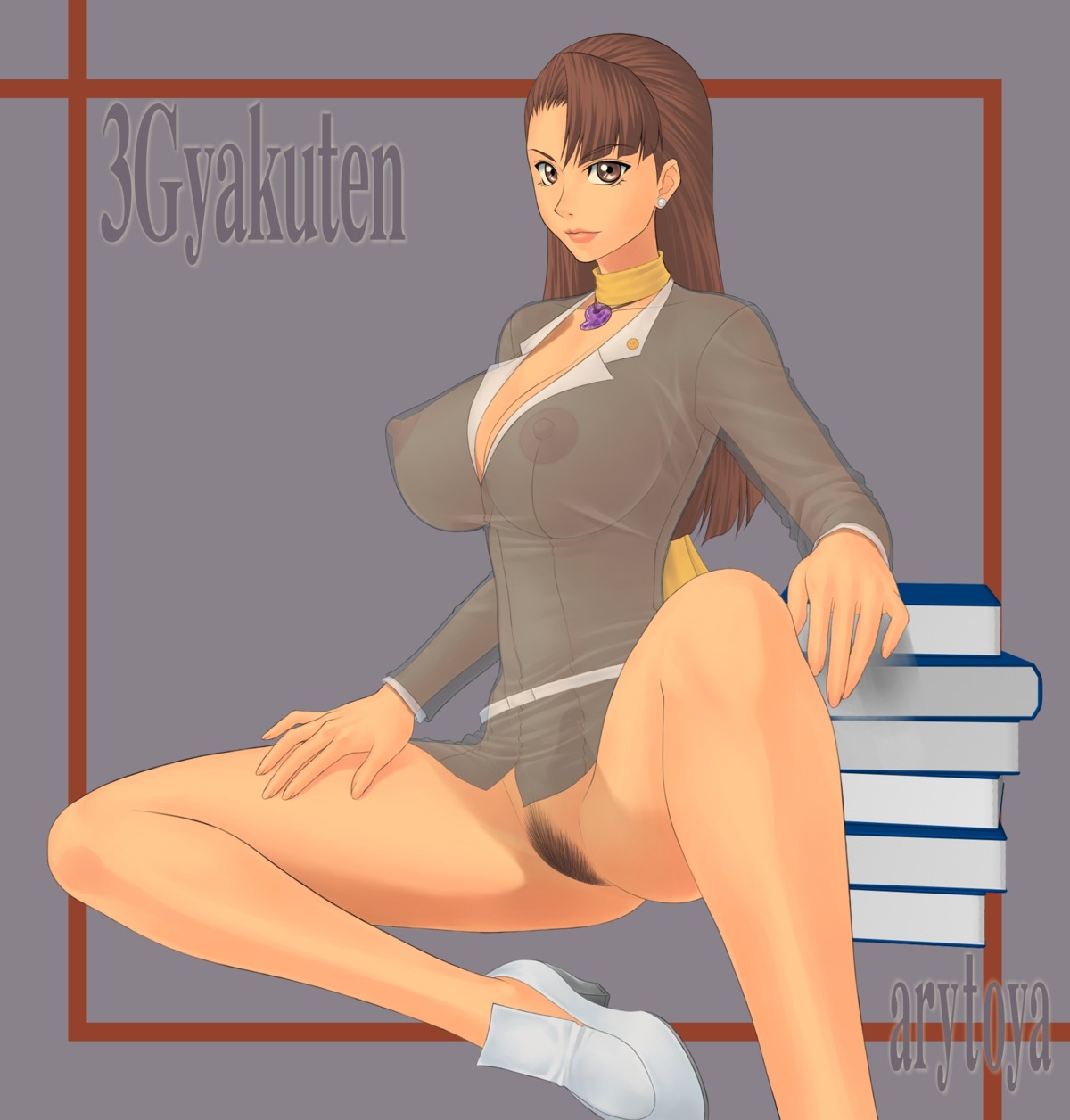 1girls arutoya bottomless casual clothing female female_only footwear gyakuten_saiban human mia_fey neckwear nude pale_skin pubic_hair rule34 solo tagme