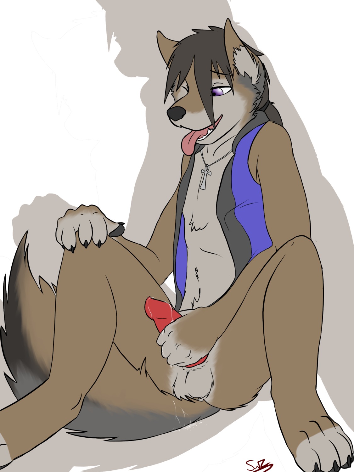 1boy anthro balls canine clothed clothes erection fur furry iridon jackal male male_only masturbation penis precum rule34 solo swizzlestix tongue vest