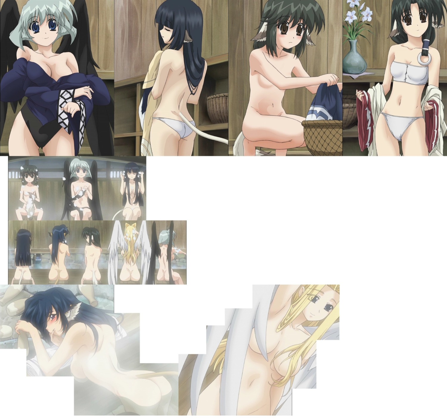 angel angel_wings animal_ear animal_ears animal_tail aruru_(utawarerumono) ass back black_hair black_wings blonde_hair blue_eyes blue_hair blush breasts brown_eyes cap censored cleavage convenient_censoring dog_ear drunk eruru_(utawarerumono) female flat_chest hair_ornament hair_over_breasts highres kamyu_(utawarerumono) karura_(utawarerumono) large_breasts monster_girl nude omake onsen panties purple_eyes rule34 screencap screenshot sideboob silver_hair stitched tail ulthury_(utawarerumono) underwear undressing utawarerumono water white_panties wings yuzuha_(utawarerumono)