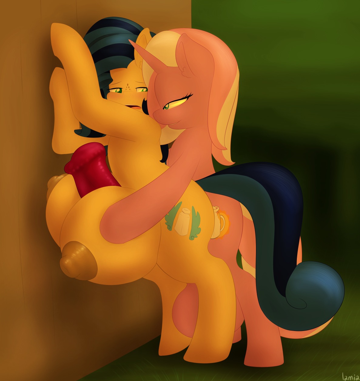 2014 animal_genitalia animal_penis balls big_breasts big_teats blue_eyes blue_hair blush breast_grab breast_play breasts cutie_mark digital_media_(artwork) duo e621 earth_pony equid equine equine_genitalia equine_penis erection fan_character female feral from_behind_position fur genitals grabbing_from_behind green_eyes gynomorph gynomorph/female hair hand_on_breast hasbro hi_res horn horse huge_breasts hyper intersex intersex/female lamia_(lamiaaaa) lamiaaaa mammal milky_way_(flash_equestria) multicolored_hair my_little_pony mythological_creature mythological_equine mythology nude open_mouth penis pink_body pink_fur pink_hair pony sex teatfuck teats titfuck two_tone_hair udderjob udders unicorn white_hair yellow_body yellow_fur