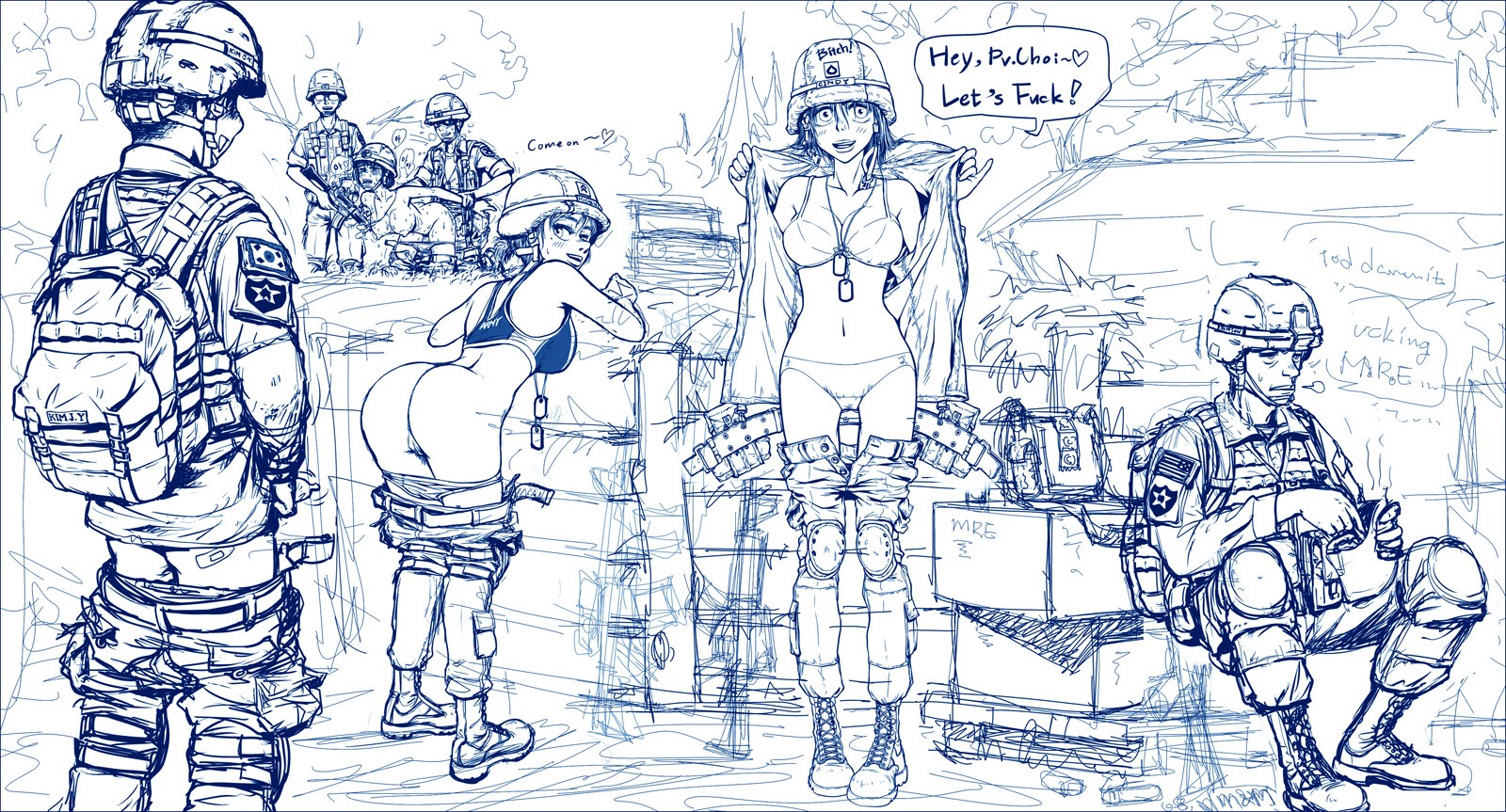 3girls 4boys armor army ass back backpack bag belt blush boots bra breasts casual cleavage comfort_woman condom dog_tags doggy_style english_text female firearm from_behind gogocherry gun handgun heart helmet human inviting large_breasts looking_at_viewer male midriff military_uniform monochrome multiple_females multiple_girls navel open_mouth orgy panties pubic_hair pussy rule34 sex short_hair sketch soldier standing sweat text uncensored undressing weapon