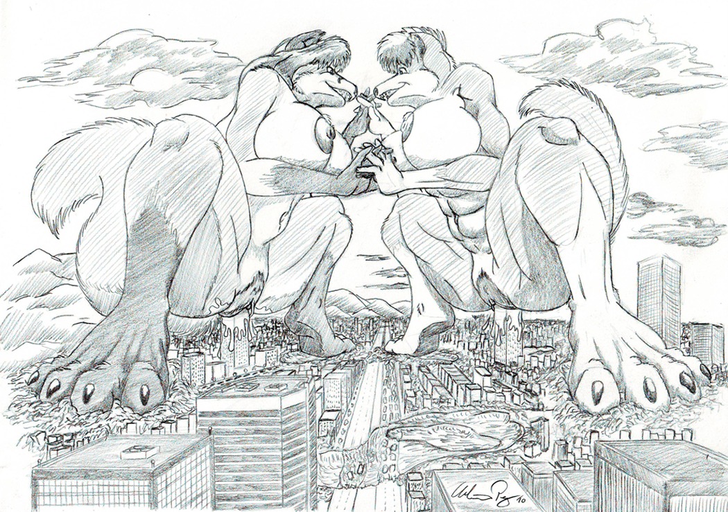 anthro breasts building_insertion building_sex canid canine destruction duo e621 female first_person_view fox genitals giga improvised_sex_toy landscape_dwarfing macro mammal mr_happy natasha_(yellow07) nikki_(yellow07) nipples penetration rampage spread_legs spreading traditional_media_(artwork) vaginal vaginal_penetration vulva