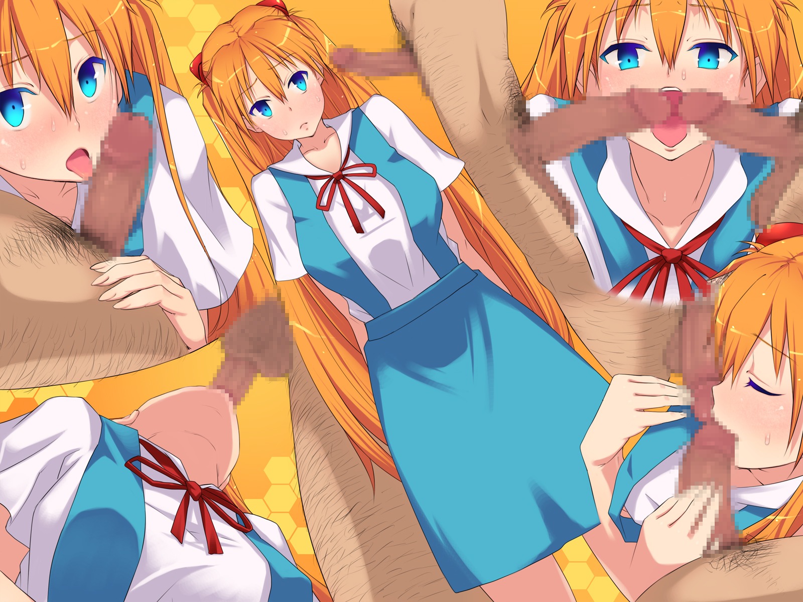 asuka_langley_sohryu blush censored closed_eyes clothing colored_eyelashes eyelashes fellatio female hair highres human licking long_hair male mosaic_censoring multiple_penises neon_genesis_evangelion open_mouth oral orange_hair penis pink_doragon pubic_hair rule34 school_uniform skirt straight sweat tongue very_long_hair