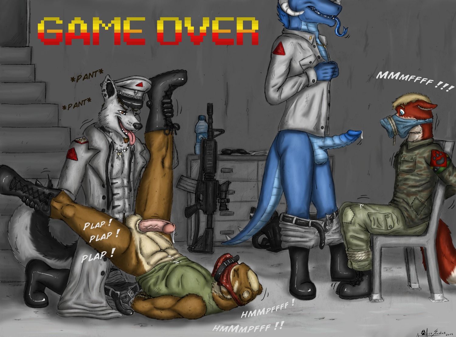 2013 abs ace_stryker anal anal_penetration anthro anvil_position ar-15 arms_bent arms_tied assault_rifle bad_end balls bdsm bear bent_legs blonde_hair blue_body blue_eyes blue_hair blue_scales blue_tongue bodily_fluids bondage boots bottle bottomless bottomwear bottomwear_down bound breath brown_eyes brown_hair camo camo_print canid canine canis chair cloth_gag clothed clothing coat container cum cum_on_body cum_on_clothing defeat defeat_sex detailed_background dominant dominant_male dragon dresser dripping e621 ear_piercing english_text erection extended_legs eyebrows eyes_closed eyewear facial_hair footwear forced forced_to_watch fox from_front_position fully_clothed furniture gag gagged game_over gameplay_mechanics genital_fluids genitals gloves grabbing_both_ankles grabbing_both_legs group gun hair handgun hands_behind_back hands_on_ankles hands_on_legs handwear hat headgear headwear hi_res horn humanoid_genitalia humanoid_penis imminent_rape imminent_sex inside jacket jewelry kerchief kneeling knock-kneed legs_over_edge legs_tied legs_together legs_up looking_at_another lying m4 male male/male male_penetrated male_penetrating male_penetrating_male mammal military muscular muscular_male muzzle_(object) muzzled mythological_creature mythological_scalie mythology necklace on_back open_clothing open_jacket open_mouth open_topwear over_edge panting pants pants_down partially_clothed penetration penis penis_in_face piercing pistol precum raised_clothing raised_hips raised_shirt raised_topwear ranged_weapon rape rifle rope scales scalie sex shirt shoes signature sitting soldier sound_effects spread_legs spreading standing straight_legs submissive submissive_male sunglasses tail text tongue tongue_out topwear trenchcoat undressing uniform vein veiny_penis warrior water_bottle weapon weaver_rail wolf