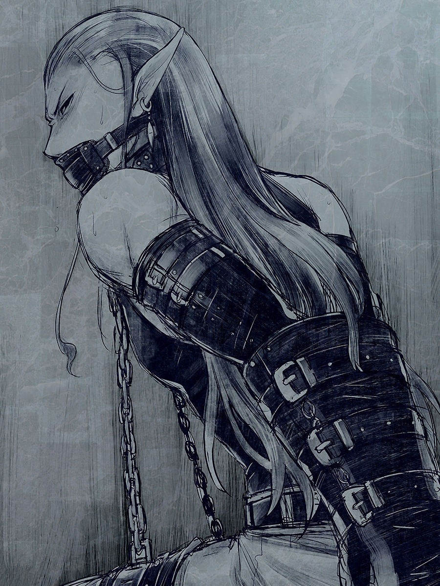 belts bondage bondage_gear chains chrono_(series) chrono_trigger collar earrings gag gagged long_hair magus_(chrono_trigger) male male_only monochrome pointy_ears rule34 solo