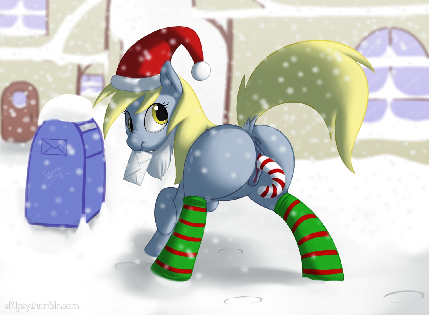 2012 amber_eyes anus blonde_hair butt candy candy_cane christmas christmas_clothing christmas_headwear clothing cutie_mark derpy_hooves_(mlp) dessert e621 equid equine female female_penetrated feral food food_fetish food_play footwear friendship_is_magic fur genitals grey_body grey_fur hair hasbro hat headgear headwear hi_res holidays horse improvised_sex_toy legwear looking_at_viewer looking_back mail mammal my_little_pony outside penetration pom_hat pony raised_tail santa_hat skipsy snow socks solo stockings tail text url vaginal vaginal_penetration vulva yellow_eyes
