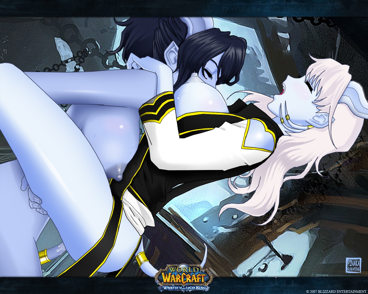 2girls blizzard_entertainment blue_hair blue_skin draenei female female_only horns multiple_females multiple_girls nipples pinakaguwaping rule34 straight_hair tail tentacle warcraft white_hair world_of_warcraft yuri