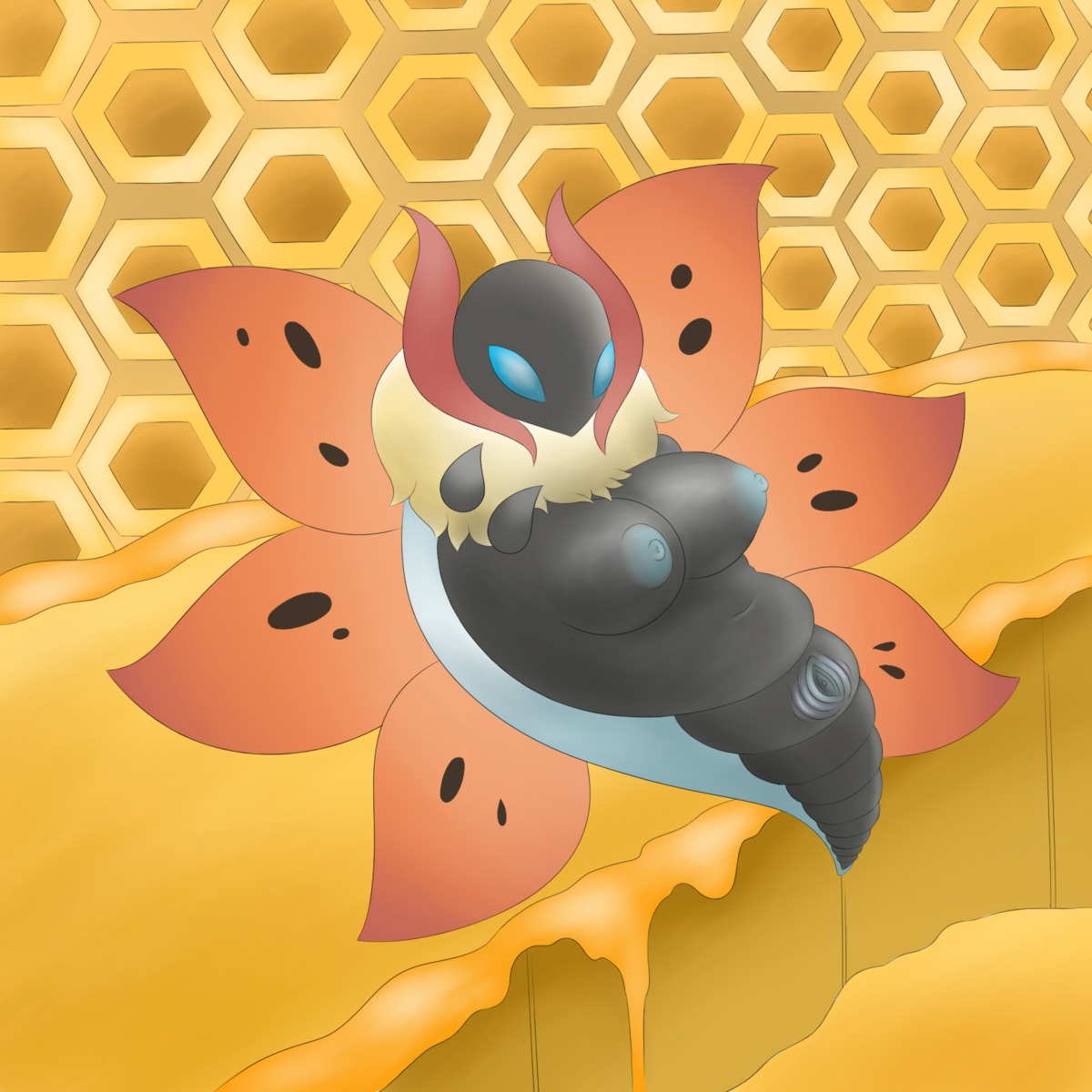 1:1 arthropod black_body black_skin blue_body blue_eyes blue_skin breasts busty_feral e621 female feral food fur generation_5_pokemon genitals hi_res honey_(food) insect inside lepidopteran nintendo nipples nirriti non-mammal_breasts non-mammal_nipples nude pokemon pokemon_(species) presenting presenting_vulva solo tan_body tan_fur volcarona vulva