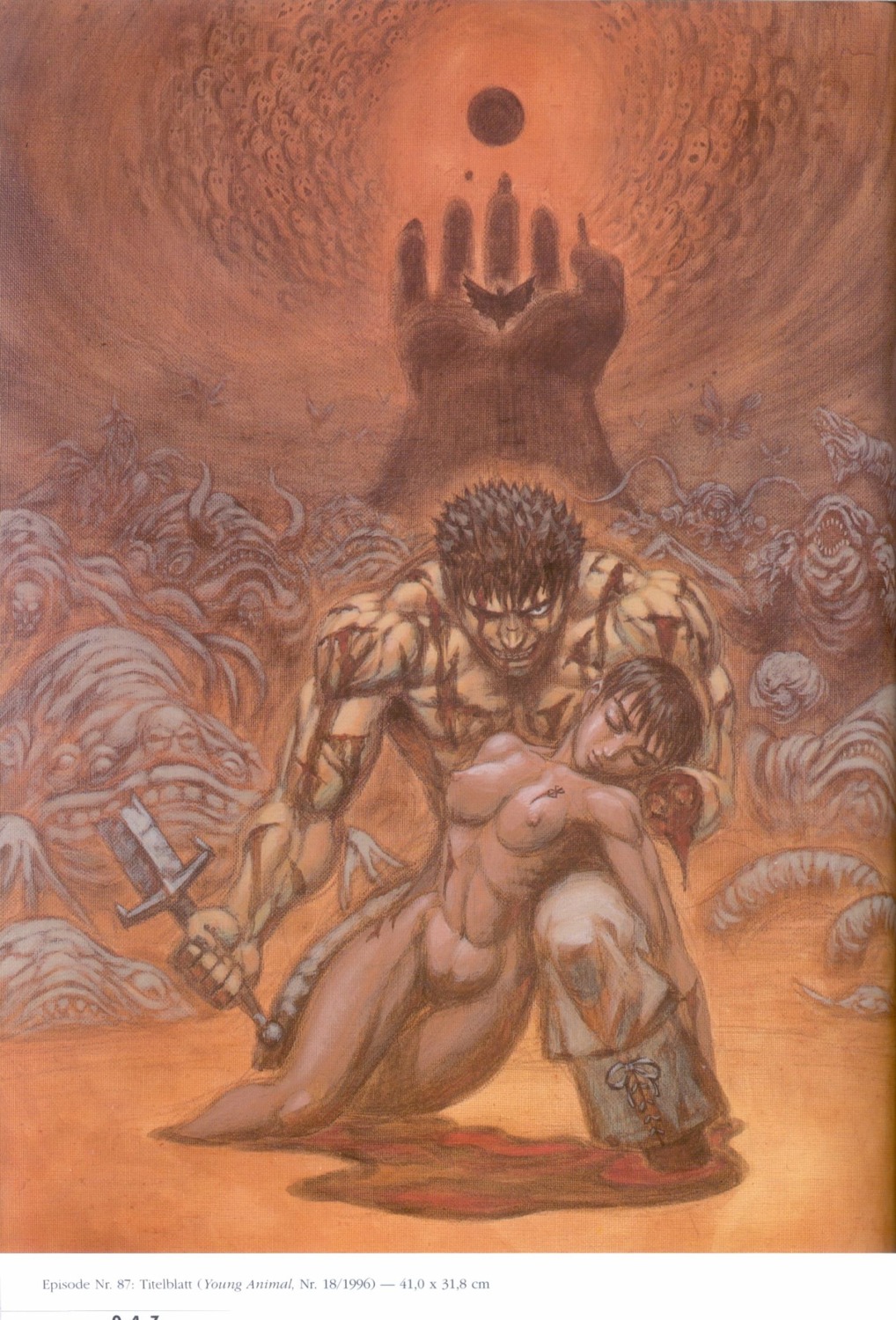 1girls amputee berserk blood brand_of_sacrifice breasts canon_nudity casca dark-skinned_female dark_skin female femto griffith guts_(berserk) human male manga navel nipples nude official_art rule34 short_hair small_breasts