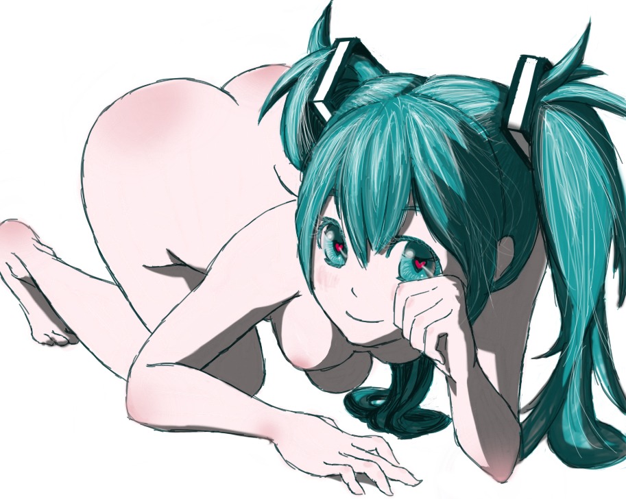 1girl all_fours aqua_eyes aqua_hair ass barefoot breasts female hatsune_miku heart heart-shaped_pupils long_hair looking_at_viewer medium_breasts nude rule34 simple_background smile solo symbol-shaped_pupils tagme twintails vocaloid white_background