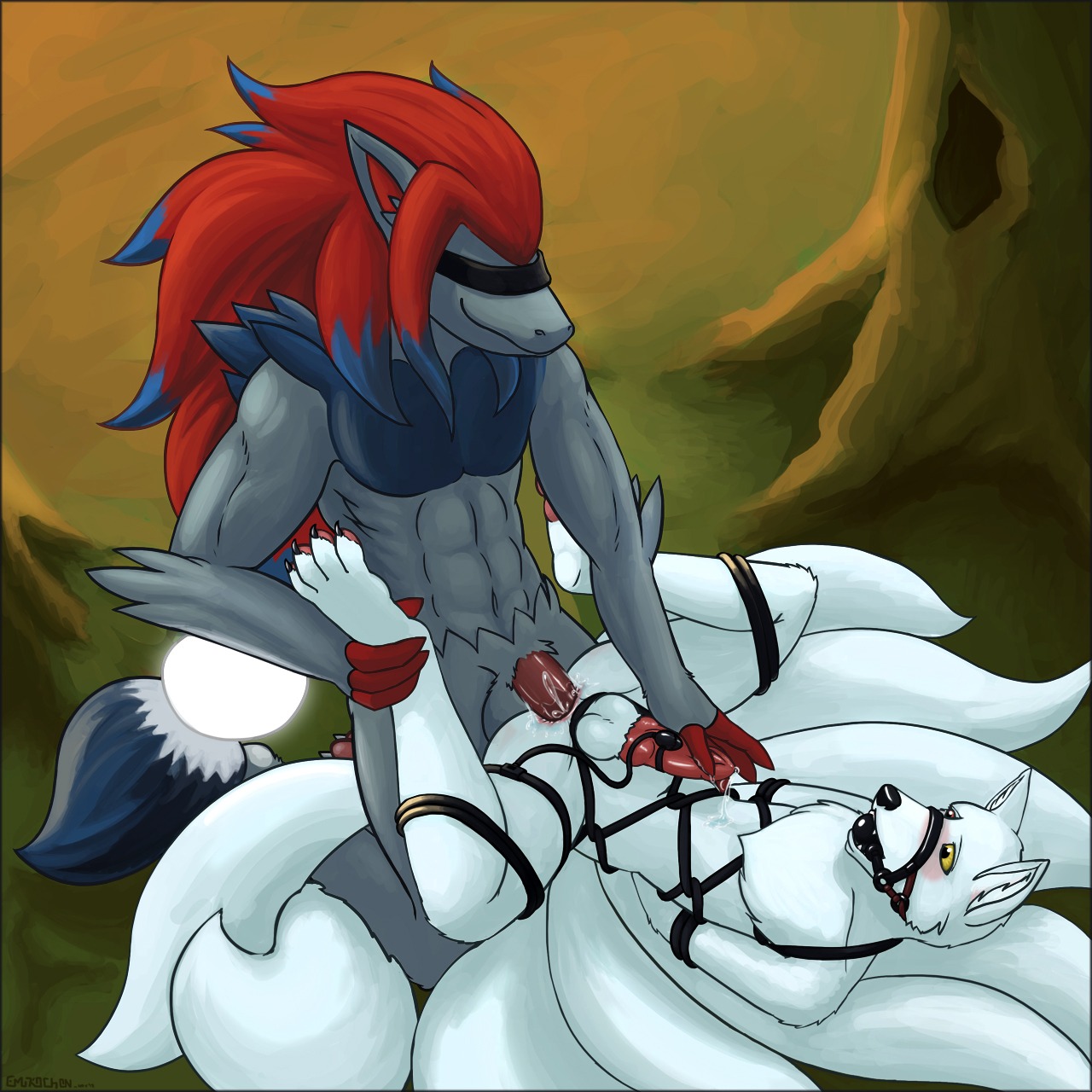 1:1 2013 alternate_color anal anal_penetration animal_genitalia animal_penis anthro anus ball_gag balls bdsm blindfold blush bodily_fluids bondage bondage_and_chill bound canid canine canine_genitalia canine_penis cum cum_in_ass cum_inside dominant dominant_male duo e621 emikochan erection fur gag gagged generation_1_pokemon generation_5_pokemon genital_fluids genitals grey_body grey_fur handjob hands_behind_back hi_res knot lying male male/male male_penetrated male_penetrating male_penetrating_male mammal multi_tail ninetales nintendo nude on_back penetration penile penis pokemon pokemon_(species) restraints rope rope_bondage rope_harness sex shiny_pokemon smile spread_legs spreading submissive submissive_male tail white_body white_fur yellow_eyes zoroark