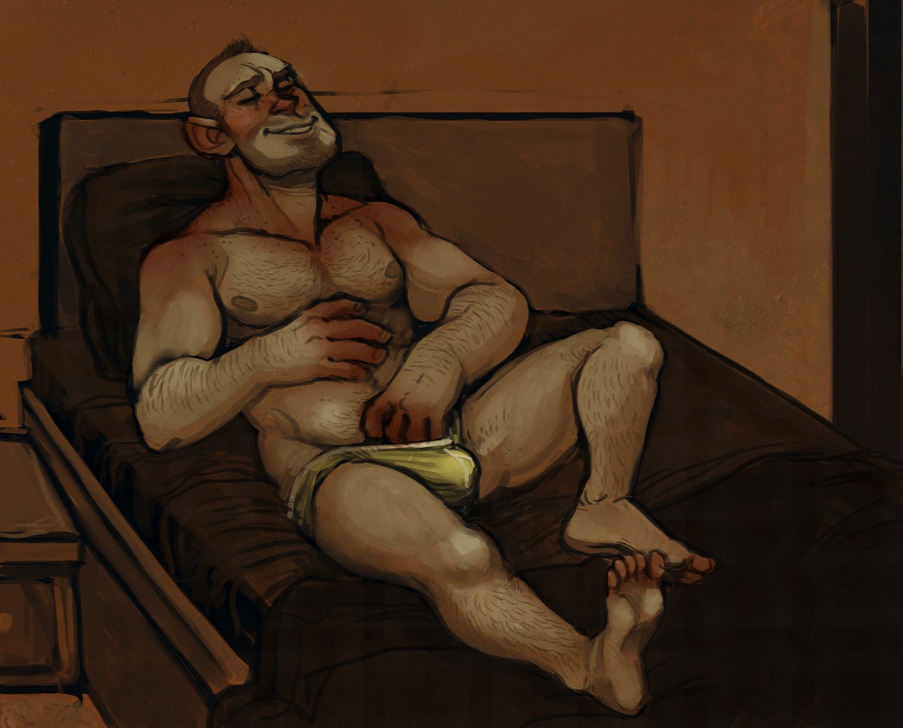 1boy bulge closed_eyes engineer_(team_fortress_2) erect_nipples erection_under_clothes male male_only masturbating_under_clothes masturbation mostly_nude nipples no_visible_genitalia on_bed pleasure_face prawnsy rule34 solo team_fortress_2 underwear underwear_down underwear_only