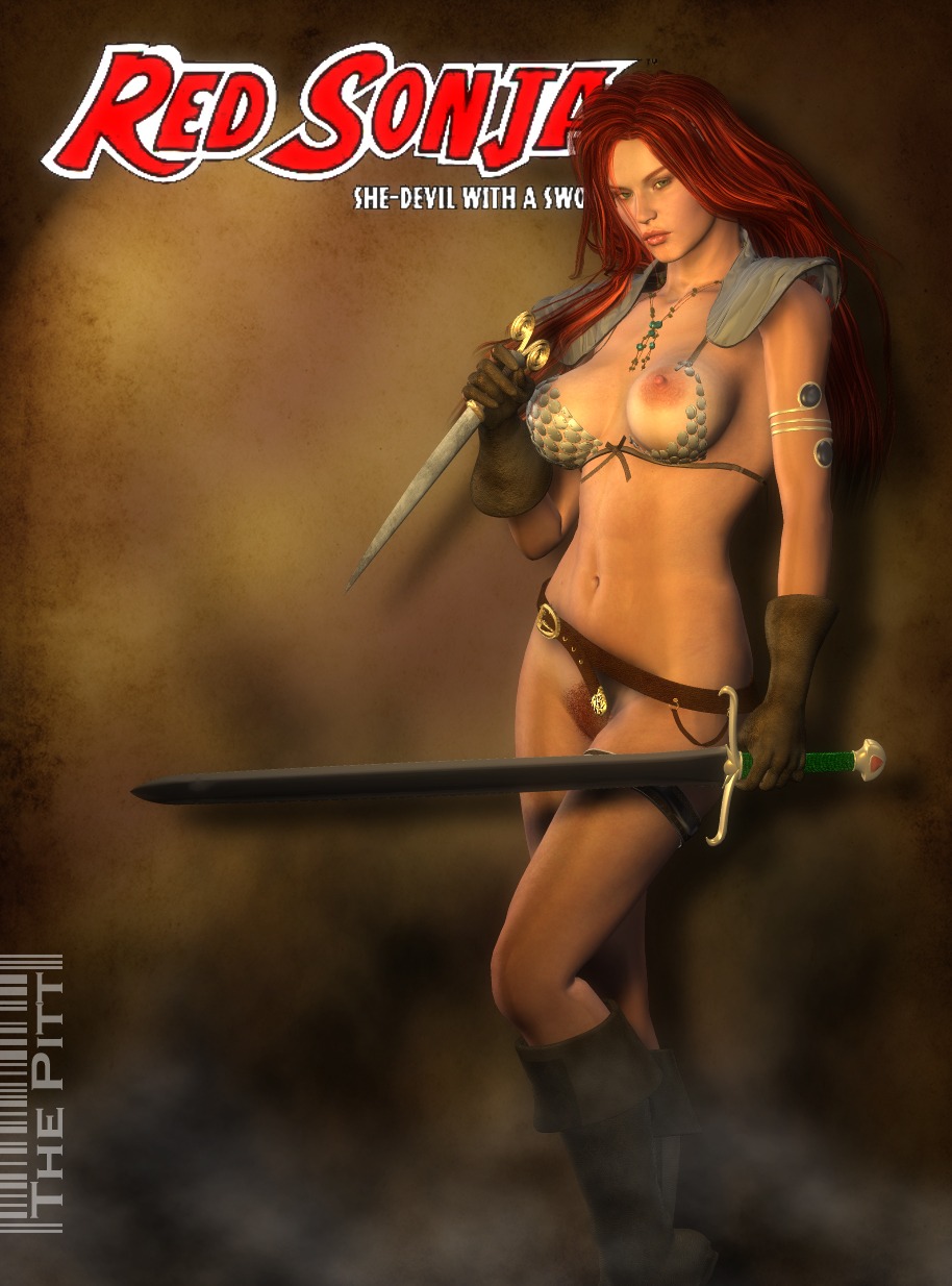 1girls 3d armed chainmail_bikini female female_only marvel marvel_comics red_sonja red_sonja_(comics) rule34 solo straight_hair the_pitt