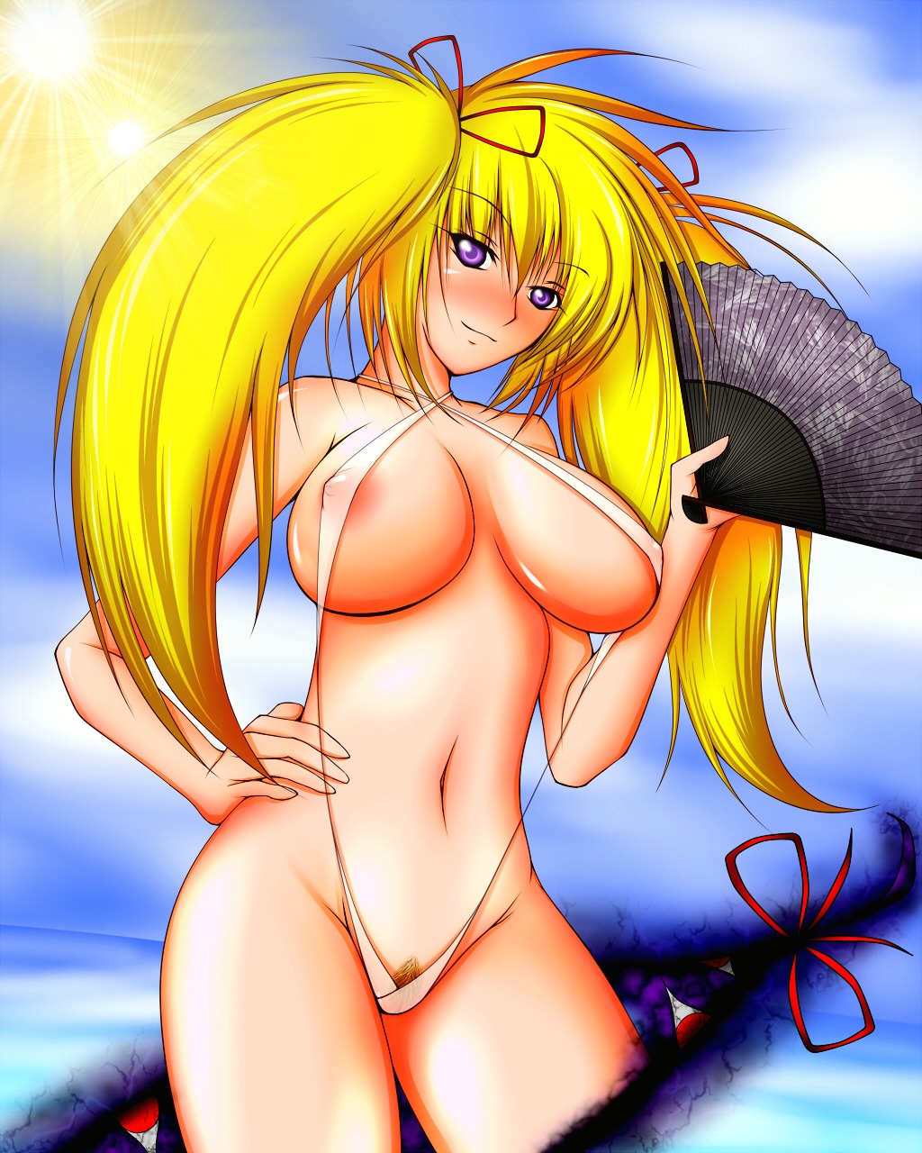 1girls blonde_hair breasts fan female gap highres humanoid large_breasts long_hair paper_fan portal pubic_hair purple_eyes rule34 sling_bikini solo swimsuit team_shanghai_alice tied_hair touhou twintails uncensored youkai yukari_yakumo zero_panda