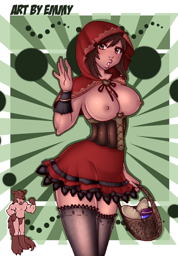 1boy 1girls areola big_bad_wolf big_breasts breasts brown_eyes brown_hair corset erect_nipples female hood legwear little_red_riding_hood long_hair male nipples rule34 skirt standing stockings thighhighs