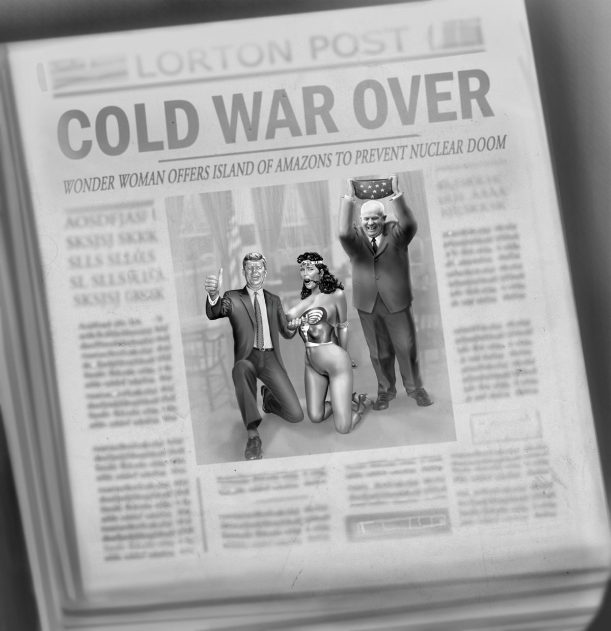 ball_gag black_and_white bondage dc dc_comics female gag history john_f._kennedy monochrome nikita_khrushchev nipples public_domain rafcut rule34 wonder_woman wonder_woman_(series)