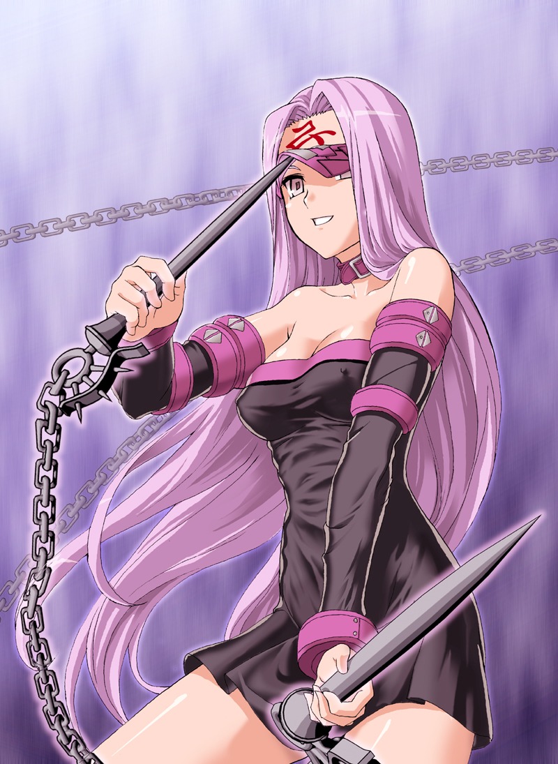 1girls blindfold breasts dress erect_nipples fate/stay_night fate_(series) female g-tetsu grin long_hair medusa_(fate) nipples peeping protruding_nipples rule34 smile solo strapless_dress thighhighs type-moon very_long_hair