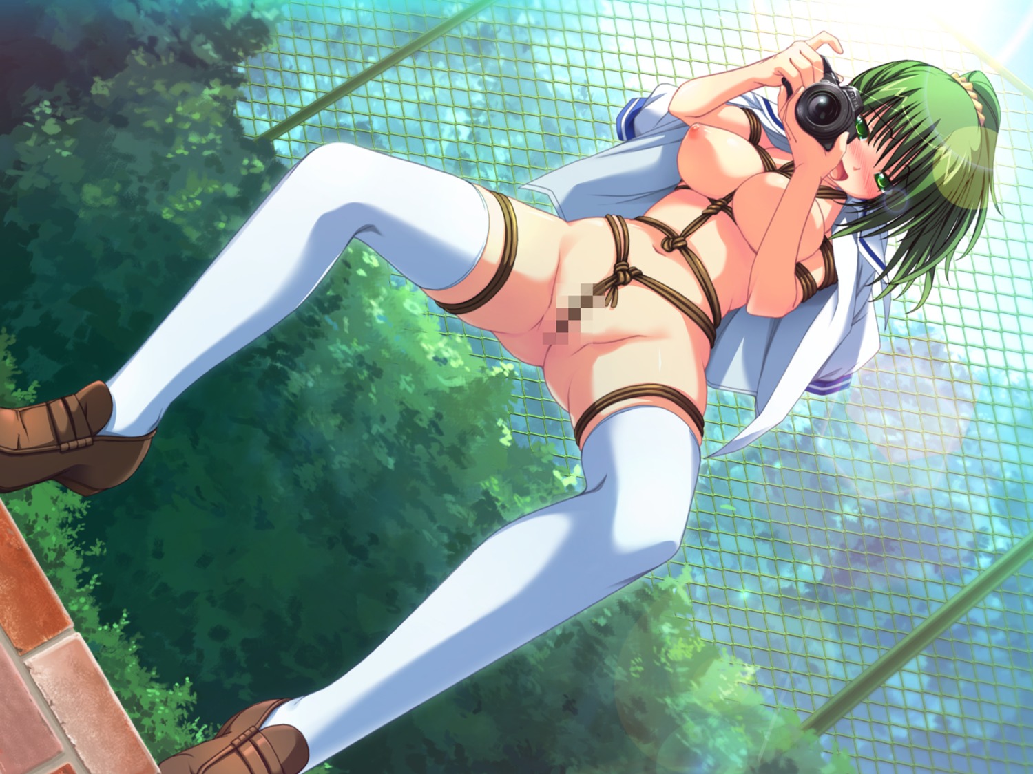 blush bondage breasts camera censored clothing female game_cg green_eyes green_hair hoshizuki_akira large_breasts nipples open_clothes open_shirt pussy rule34 shirt soushinjutsu_3 soushinjutsu_rei stockings thighhighs