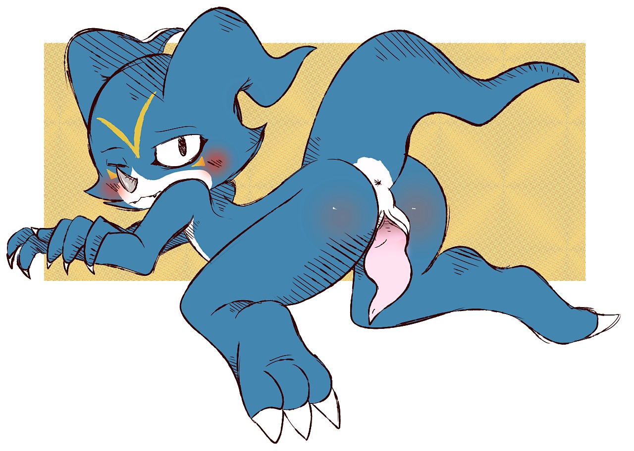 anthro anus bandai_namco blue_body blue_skin blush butt digimon digimon_(species) e621 erection feline-fattale genitals male penis presenting presenting_hindquarters solo veemon