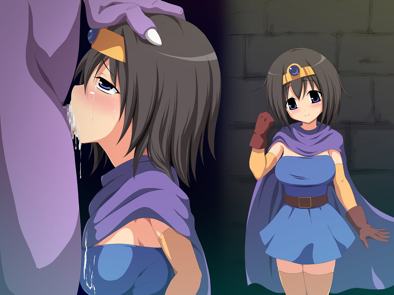 blush breasts chance_maker clothing cum dragon_quest dragon_quest_iii dress drops female heroine_(dq3) monster oral_sex roto rule34 small_breasts tagme