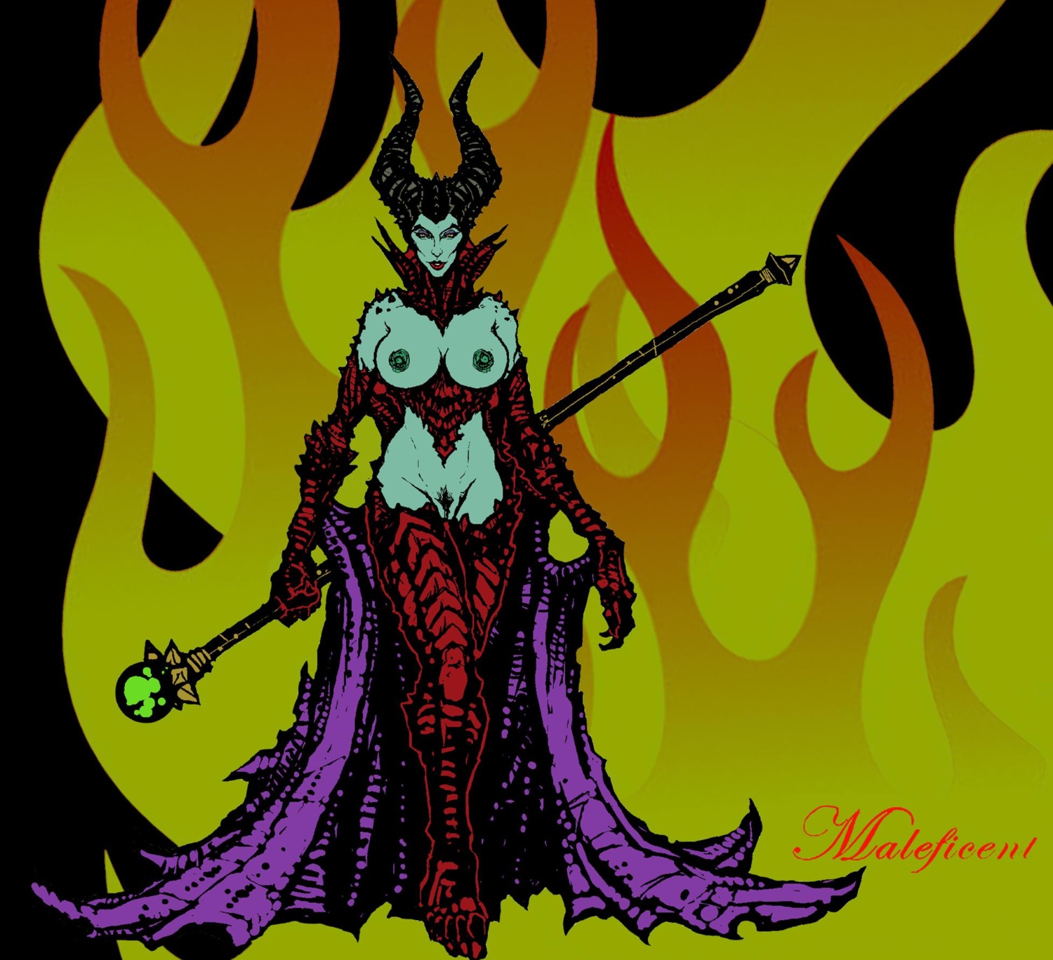 1girls color colored disney disney_villains el_pig female female_only green_skin maleficent nipples rule34 sleeping_beauty_(1959_film) solo tagme