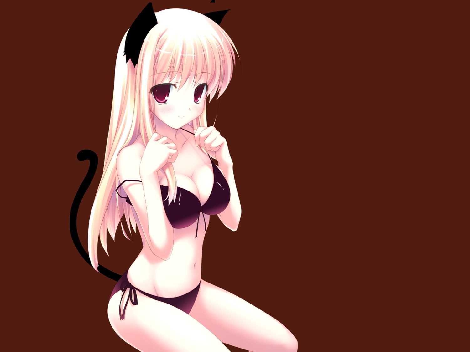 animal_ears bikini blonde_hair breast_squeeze breasts cat_ears cat_tail cleavage female fujisaki_rei highres long_hair midriff mizugi navel nekomimi original pointy_chin red_eyes rule34 side-tie_bikini sitting strap_slip swimsuit tail