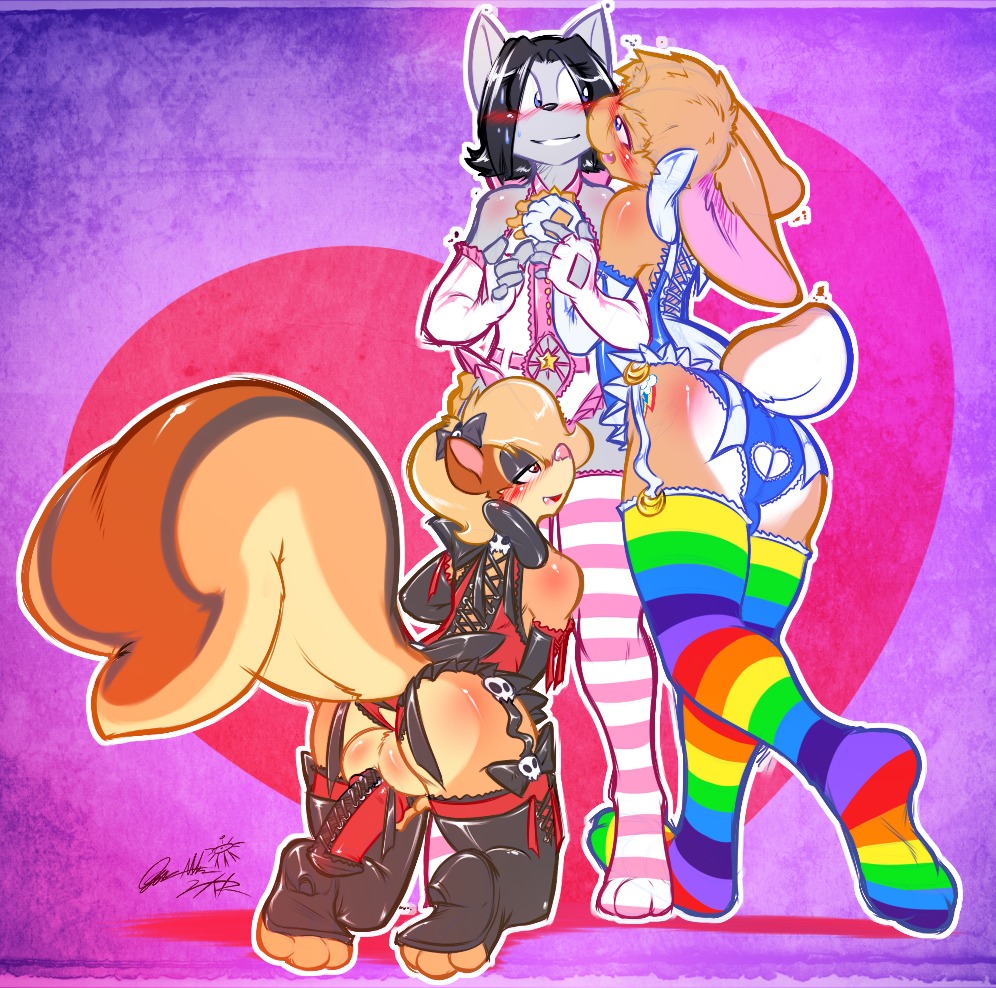 0r0 0r0ch1 2012 3_toes anthro armwear backsack balls big_tail black_hair black_nose blonde_hair blue_eyes butt clothed clothing cock_warmer crossdressing cutie_mark digital_media_(artwork) e621 elbow_gloves erection feet femboy fingerless_gloves footwear garter_straps genitals gloves grey_body group hair handwear hasbro heart_symbol hindpaw humanoid_genitalia humanoid_penis kneeling lacing lagomorph legwear leporid lingerie looking_up makeup male male/male mammal my_little_pony orange_body pattern_clothing pattern_footwear pattern_legwear paws penis penis_clothing penis_corset rabbit red_eyes ribbons rodent sciurid short_hair skimpy smile stockings striped_clothing striped_footwear striped_legwear stripes tail taski_(character) teddy_(clothing) toes tree_squirrel zajice_(character)