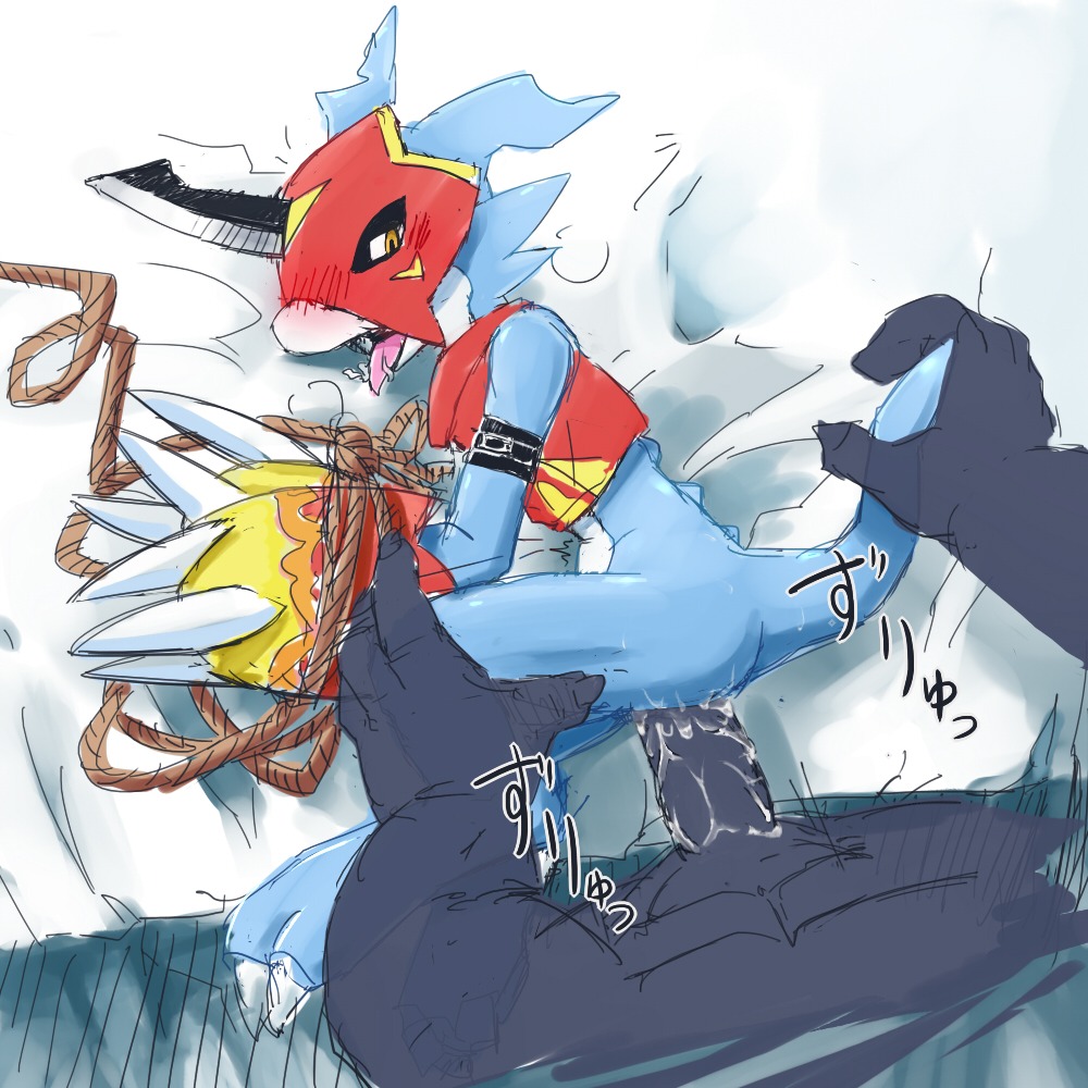 1:1 ambiguous_gender ambiguous_on_human ambiguous_penetrated anthro anthro_penetrated armor bandai_namco bdsm biped blue_body blue_skin blush bondage bottomless bound clothed clothing digimon digimon_(species) digiphilia duo e621 erection faceless_character faceless_human faceless_male flamedramon furukara genitals human human_on_anthro human_penetrating human_penetrating_anthro interspecies japanese_text lizard looking_back lying male male/ambiguous male_on_anthro male_penetrating male_penetrating_ambiguous mammal on_side penetration penis reptile scalie sex standing tail tail_grab text tight_fit tongue tongue_out