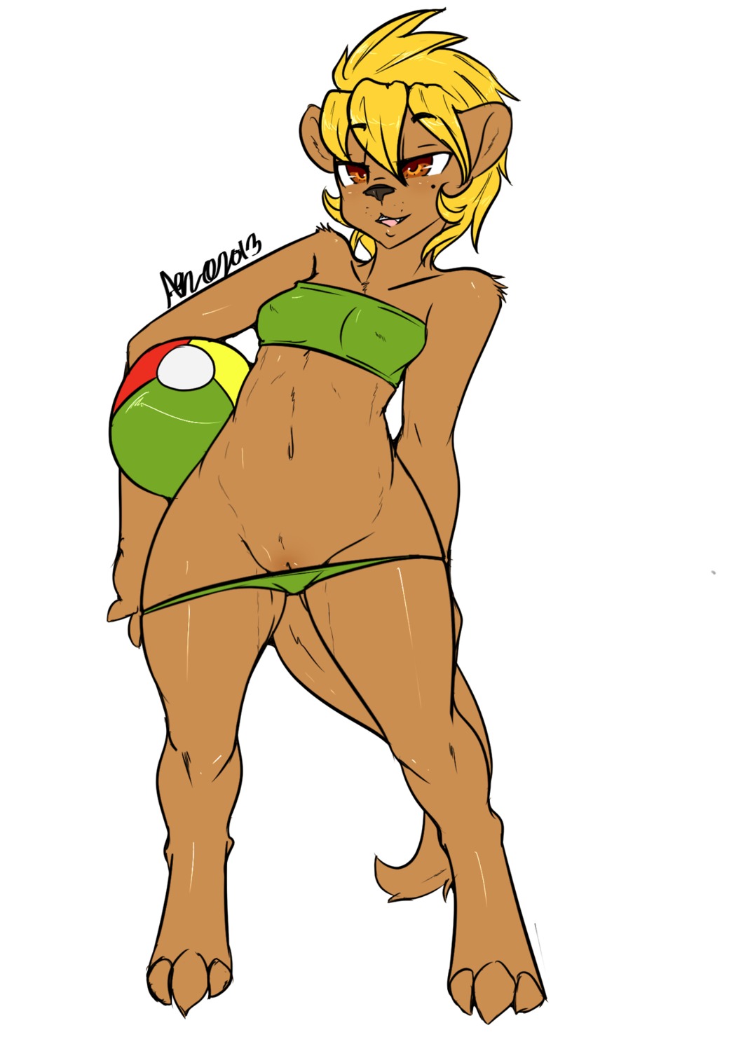 3_toes alternate_species amber_eyes anthro avante92 ball barefoot beach_ball beach_ball_(character) bikini biped blonde_hair clothed clothing digitigrade e621 feet female genitals hair hi_res holding_ball holding_object inflatable mammal markings mole_(marking) mustelid navel open_mouth otter partially_clothed pool_toy sharp_teeth simple_background skimpy solo standing swimwear teeth toes tongue two-piece_swimsuit vulva white_background