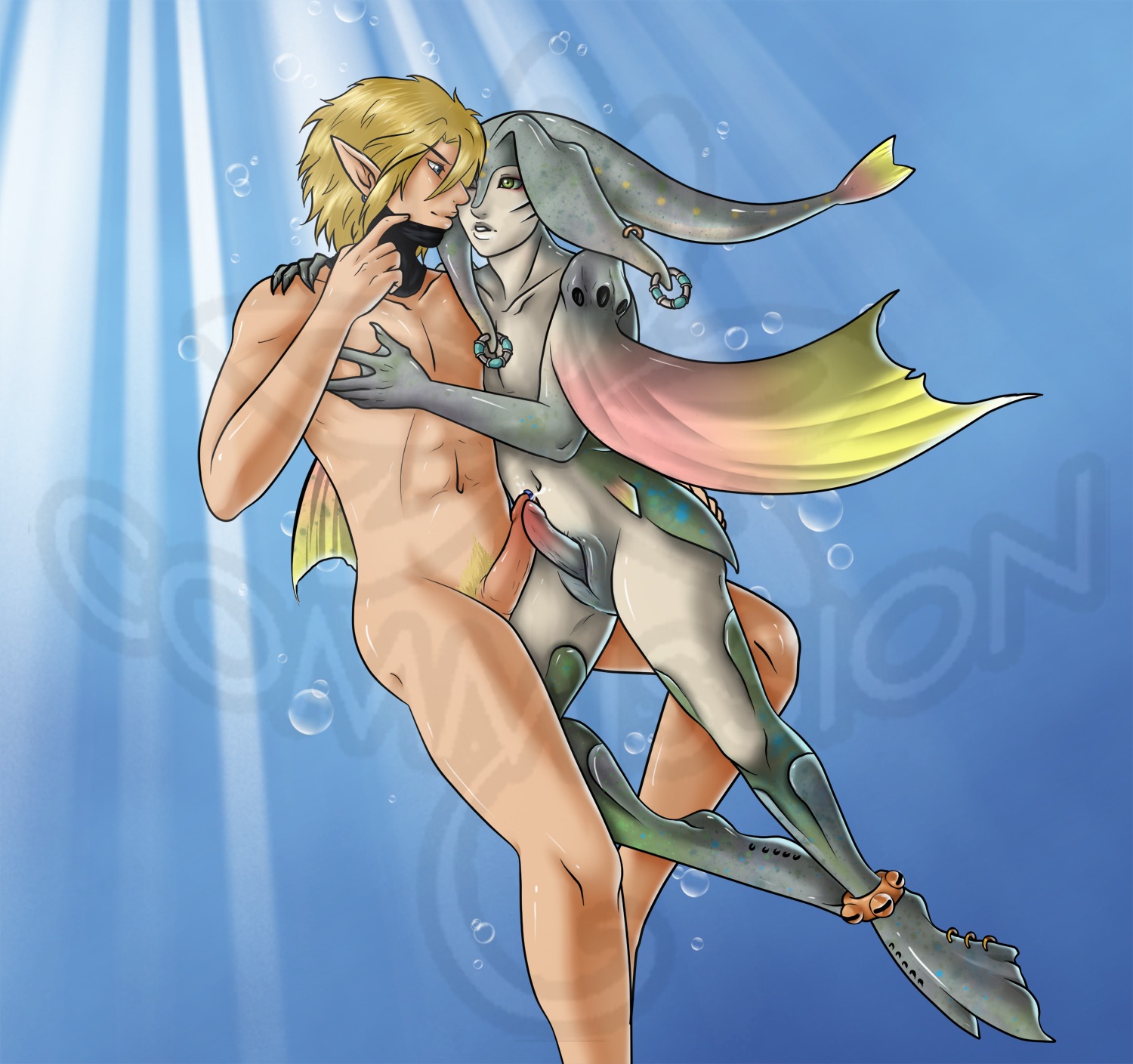 animal_genitalia animal_humanoid aquatic aquatic_humanoid blue_eyes bodily_fluids bubble distracting_watermark duo e621 erection fin fish fish_humanoid flippers frottage fully/fully_submerged fully_submerged genital_fluids genital_slit genitals green_eyes hair hand_on_butt hi_res hug humanoid humanoid_on_humanoid hylian interspecies jewelry light link male male/male mask membrane_(anatomy) nintendo penile penis penises_touching precum pubes sex sex_in_water sunlight the_legend_of_zelda twilight_princess underwater underwater_sex unknown_artist water watermark webbed_hands zora