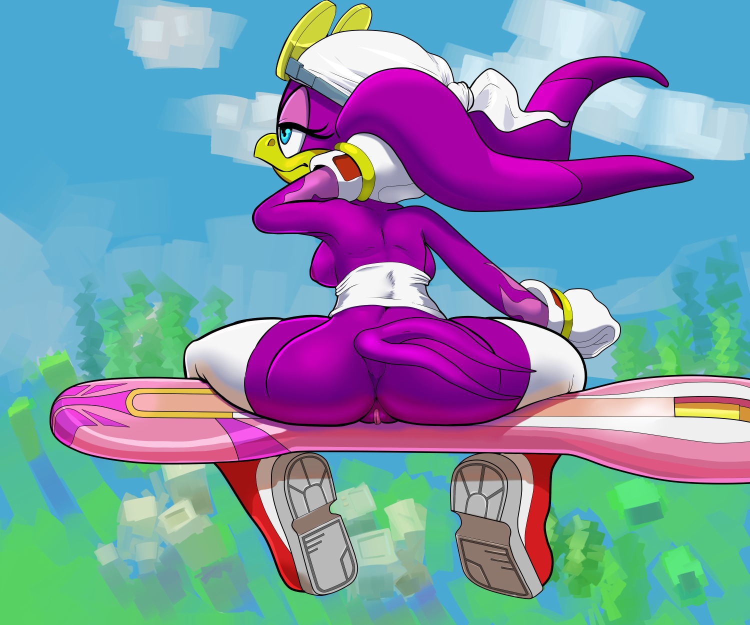 2013 6:5 anthro anus areola avian babylonian_(sonic) beak big_butt biped bird blue_eyes breasts butt clothing cm_august e621 erect_nipples eyewear eyewear_on_head female genitals glasses hair headgear headkerchief headwear hi_res hirundinid kerchief nipples non-mammal_breasts non-mammal_nipples oscine passerine purple_hair sega solo sonic_riders sonic_the_hedgehog_(series) sunglasses swallow_(bird) vulva wave_the_swallow
