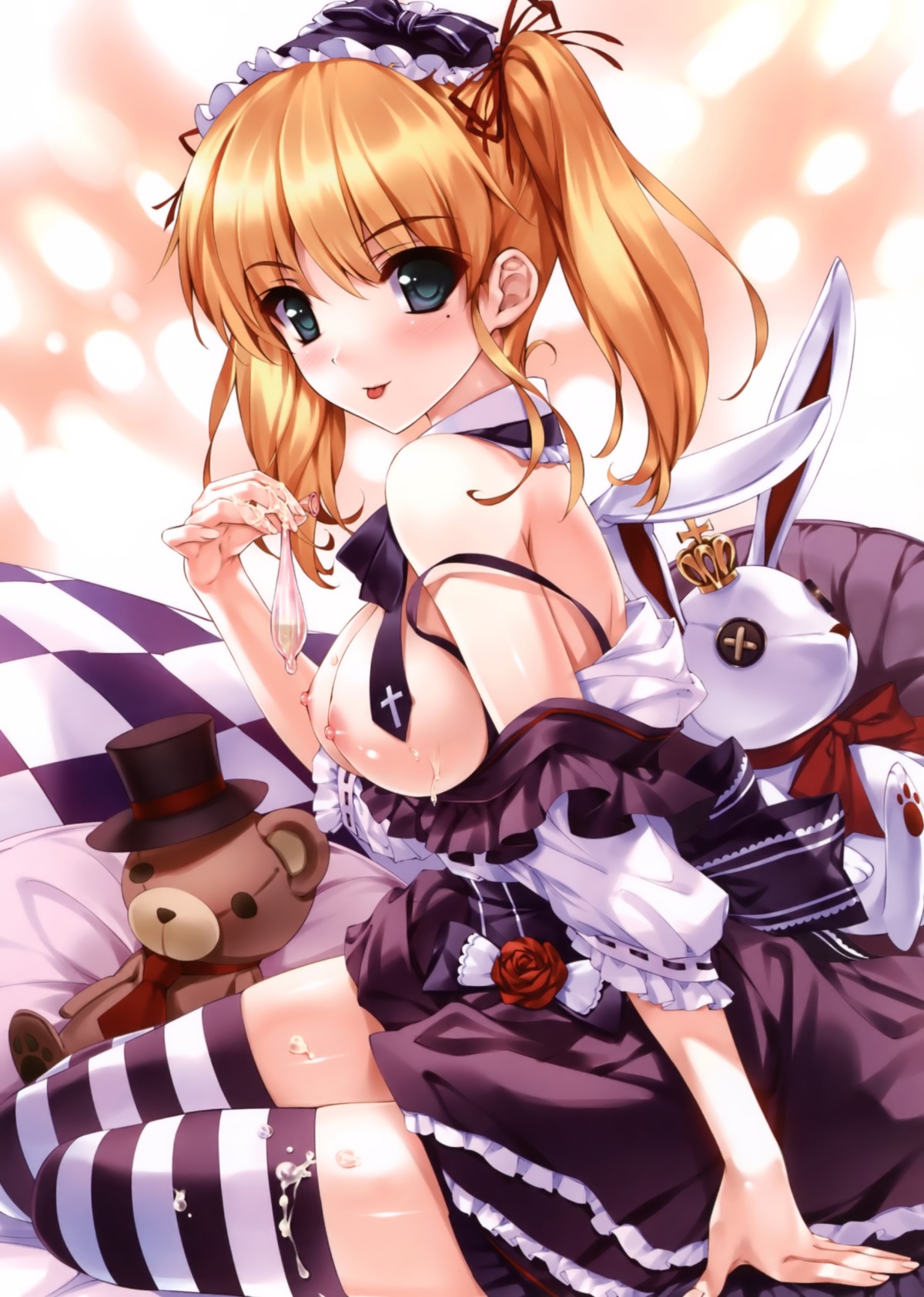 1girls arm_support blonde_hair blue_eyes breasts condom cum cum_on_body cum_on_breasts cum_on_lower_body cum_on_upper_body detached_collar female fingernails gothic_lolita high_resolution lolita_fashion lolita_hairband lolita_headband looking_at_viewer misaki_kurehito mole nipples original rule34 sitting solo strap_slip striped striped_legwear stuffed_animal stuffed_bunny stuffed_toy teddy_bear thighhighs tied_hair tongue top_pull twintails used_condom yokozuwari