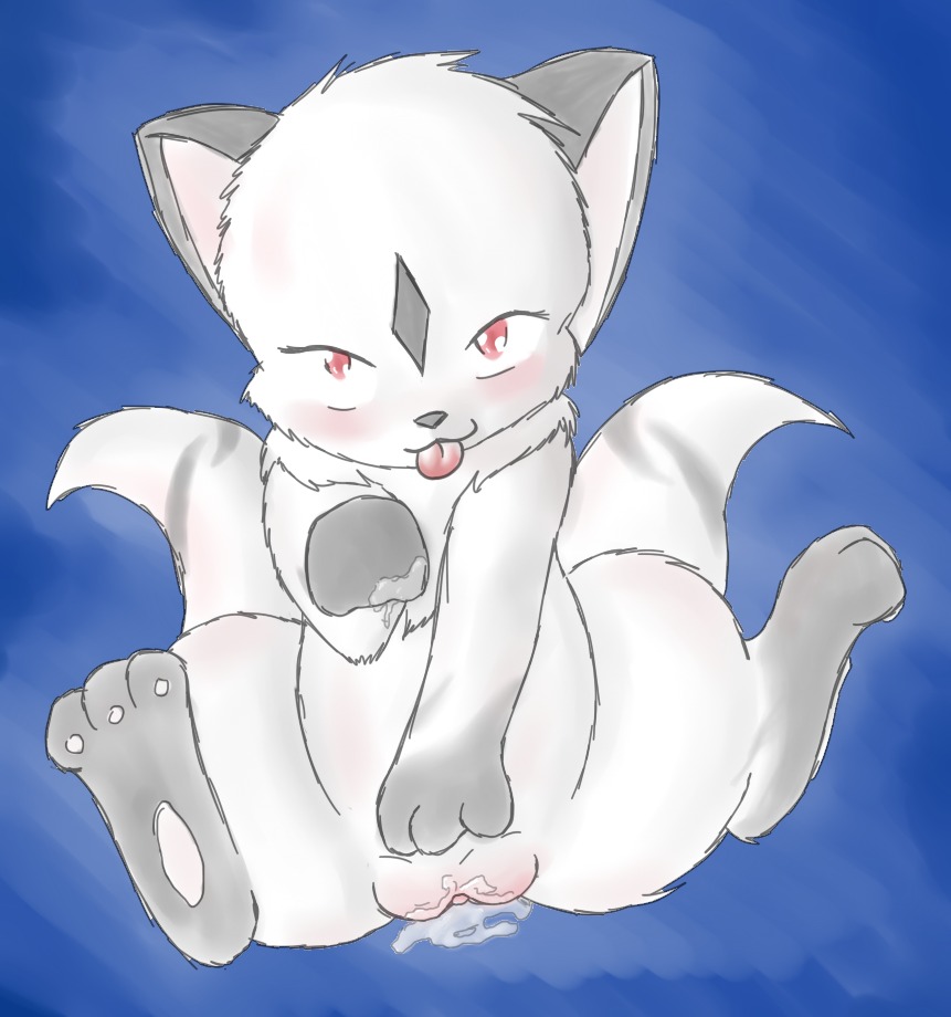 asian_mythology bodily_fluids chest_tuft e621 east_asian_mythology facial_markings feet felid female feral fur genital_fluids genitals head_markings hindpaw inuyasha japanese_mythology kirara_(inuyasha) loli looking_at_viewer mammal markings multi_tail mythology nekomata paws red_eyes shenhibiki sitting solo tail tongue tuft vaginal_fluids vulva white_body white_fur yokai young young_female young_feral