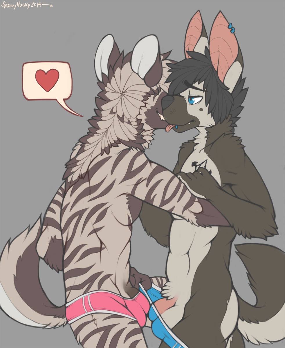 2014 anthro balls bat berin_(character) berinvalar blue_eyes bulge canid canine canis clothing countershading detailed_bulge digital_media_(artwork) domestic_dog duo e621 ear_piercing ear_ring facial_piercing flaccid genital_outline genitals german_shepherd grey_body heart_symbol herding_dog hi_res hybrid hyena lip_piercing lip_ring male male/male mammal pastoral_dog penis penis_base penis_outline piercing ring_piercing spazzyhusky striped_hyena underwear undressing