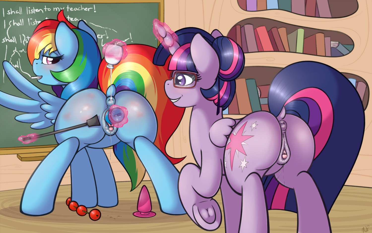 all_fours anal_beads anatomically_correct anatomically_correct_genitalia anatomically_correct_vulva animal_genitalia animal_vulva anus blue_body blue_feathers blue_fur blush bodily_fluids book butt butt_slap buttplug chalk chalkboard clitoral_winking clitoris cutie_mark digital_media_(artwork) duo e621 english_text equid equine equine_genitalia equine_vulva eyewear feathered_wings feathers female female/female feral friendship_is_magic from_behind_position fur genital_fluids genitals glasses hair hasbro hi_res hooves horn information_board magic mammal multicolored_hair multicolored_tail my_little_pony mythological_creature mythological_equine mythology pegasus penetration pink_eyes plug_(sex_toy) purple_body purple_eyes purple_fur purple_hair rainbow_dash_(mlp) rainbow_hair rainbow_tail raised_tail ratofdrawn repeated_text riding_crop sex sex_toy sex_toy_background slap smile spanking tail text toying_partner twilight_sparkle_(mlp) two_tone_hair underhoof vaginal vaginal_fluids vibrator vulva whip winged_unicorn wings