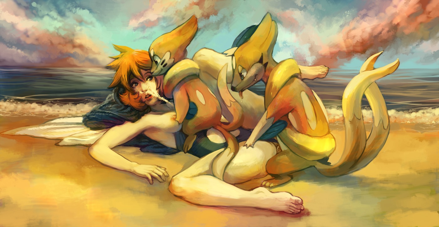 beach blue_eyes breasts buizel clouds cum facial female feral floatzel human interspecies kasumi_(pokemon) male ocean orange_hair paizuri penis pokemon pokephilia purplekecleon pussy rule34 sand seaside sky sunset swimsuit threesome tied_hair tongue twintails vaginal_penetration water waves