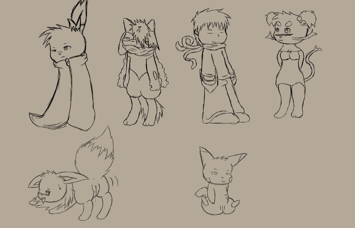 14:9 anthro bodily_fluids canid canine e621 eevee eeveelution eyes_closed female feral generation_1_pokemon generation_4_pokemon generation_5_pokemon genitals hair hi_res human jolteon leon_ashford male mammal mienfoo monochrome multiple_images nintendo open_mouth pikachu pokemon pokemon_(species) quadruped riolu rodent saliva scarf skyffan solo tail vulva weapon