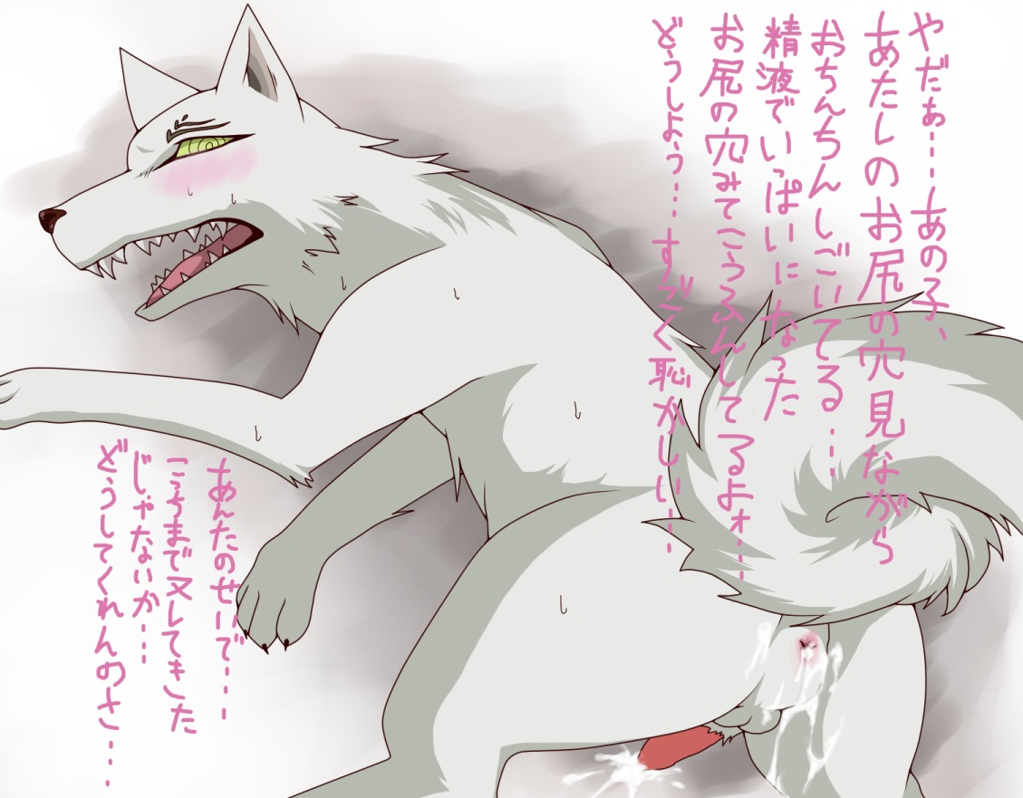 after_sex anus blush bodily_fluids canid canine canis claws cum cum_in_ass cum_inside domestic_dog e621 erection feral fluffy fluffy_tail fur genital_fluids genitals green_eyes humanoid_pointy_ears japanese_text kekkaishi madarao_(kekkaishi) male mammal nude penis pointy_ears reina_(artist) solo spirit tail teeth text translation_request white_body white_fur